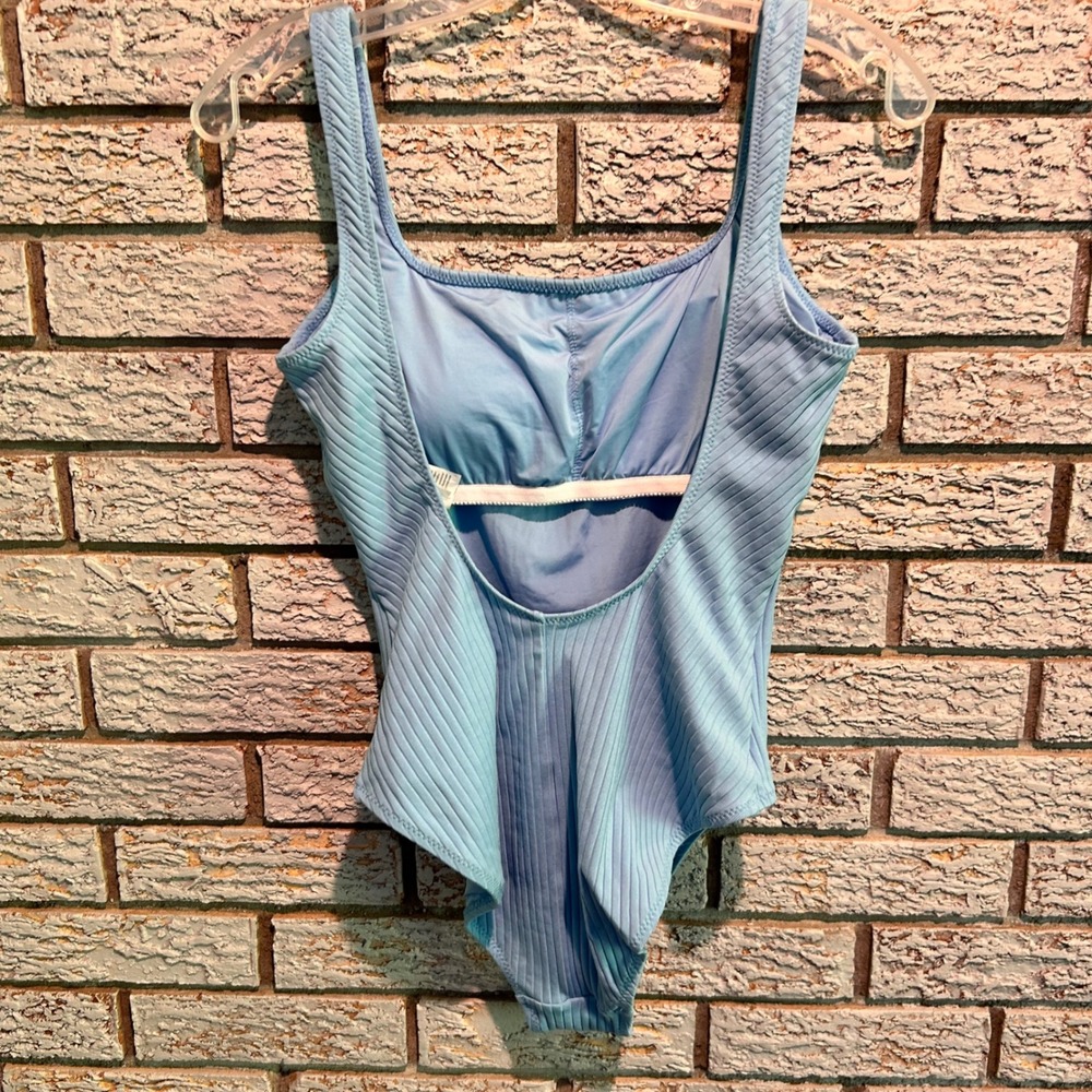 Polo Ralph Lauren Blue Ribbed One Piece Swimsuit Women Med Pony Logo Scoop Back - Picture 2 of 7